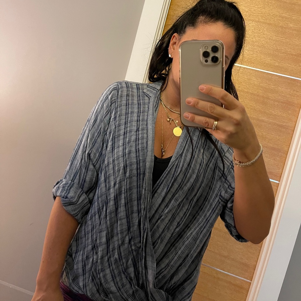 Denim plaid printed open front blouse